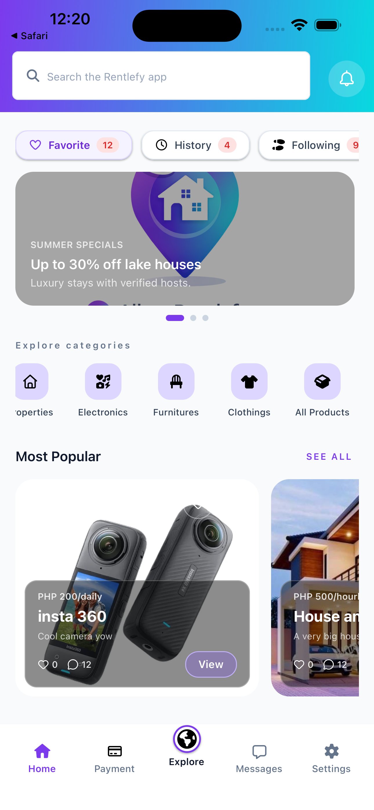 Rentlefy app explore screen