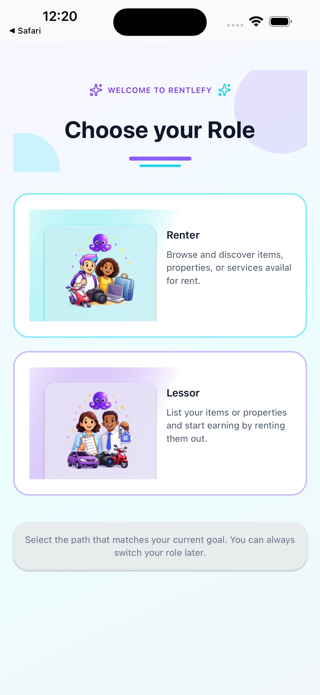 Choose role: renter or lessor